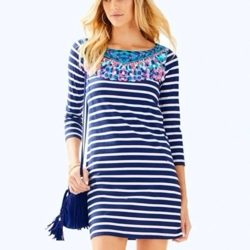 Lilly Pulitzer Navy Blue 3/4 Sleeve Bay Dress Island Medallion Stripe Cotton‎ XS